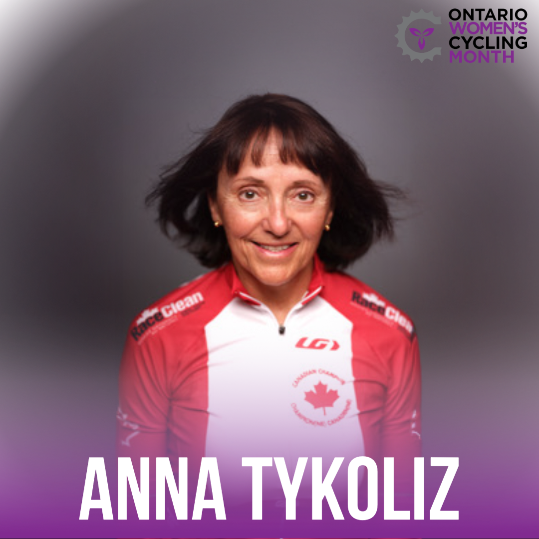 Anna Tykoliz headshot, black background wearing canadian track champions jersey, Graphic reads Anna Tykoliz