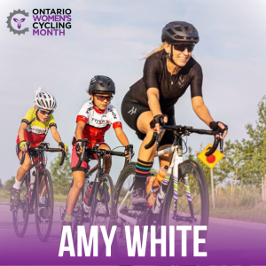 Amy White leading 2 young riders on a road cycle