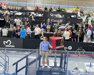 Josee Larocque ringing the lap bell at the velodrome