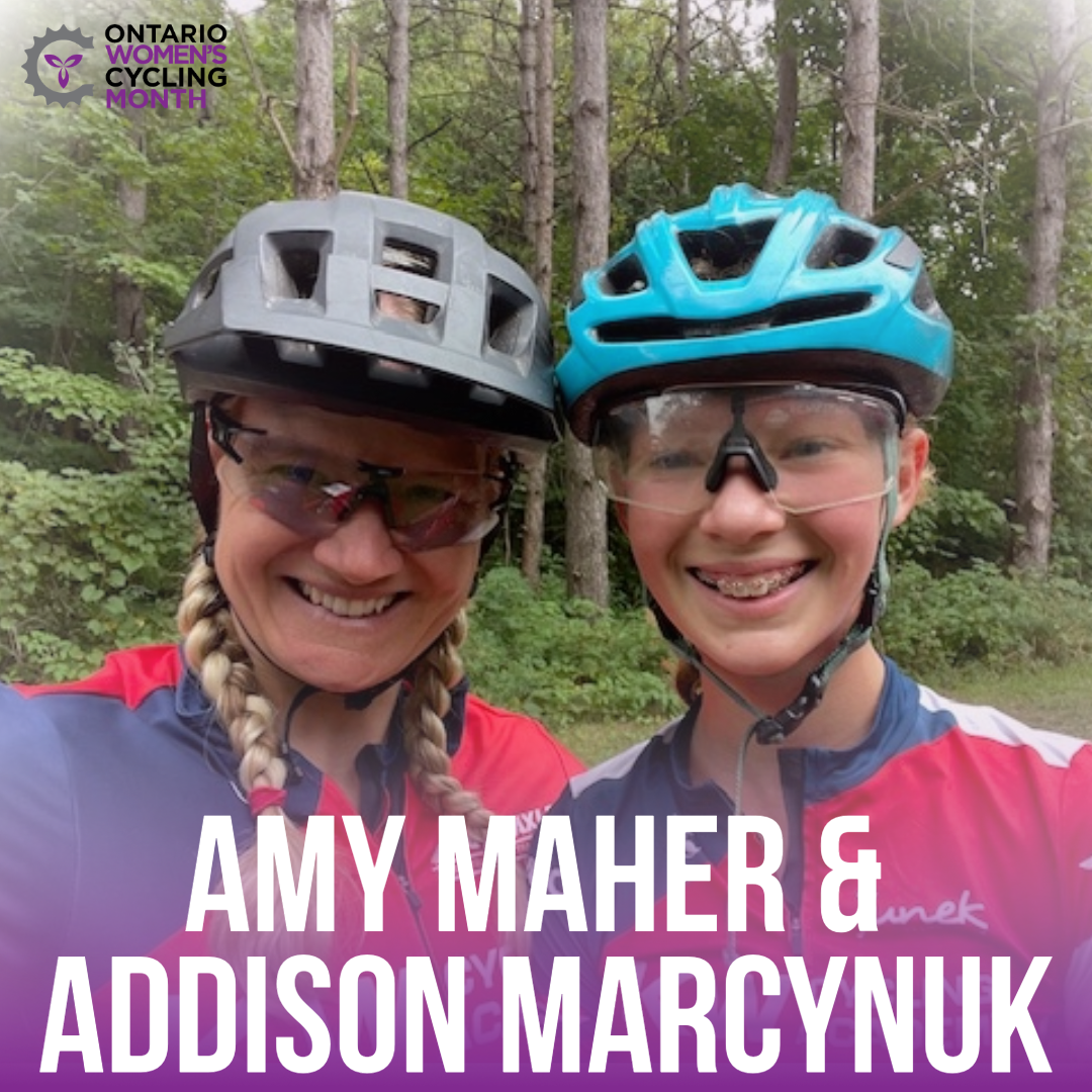Amy Maher and Addison Marcynuk smiling on a bicycle ride