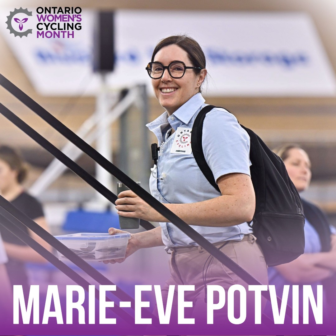 Marie Eve Potvin smiling wearing a blue commissaire shirt ascending a staircase to the commissaire stage